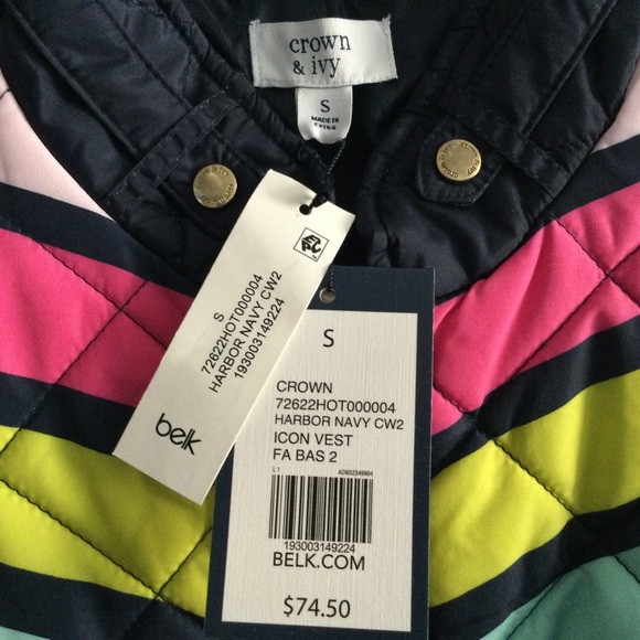 NWT Womens Navy Stripe Quilted Vest Puffer Pink Green Vest - Picture 3 of 11